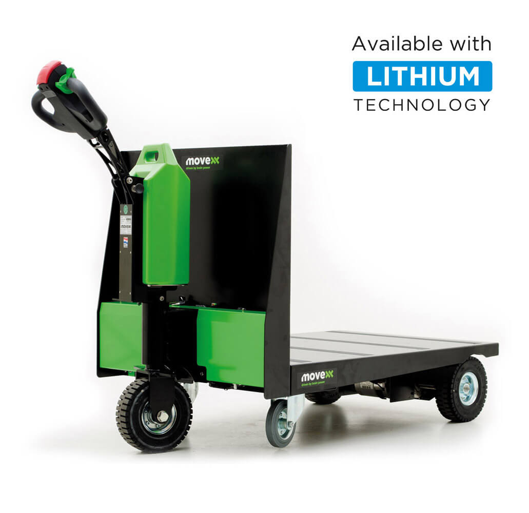 ručně vedený elektrický tahač movexx tt1000-f s nákladní plošinou a vyměnitelnou lithium baterií