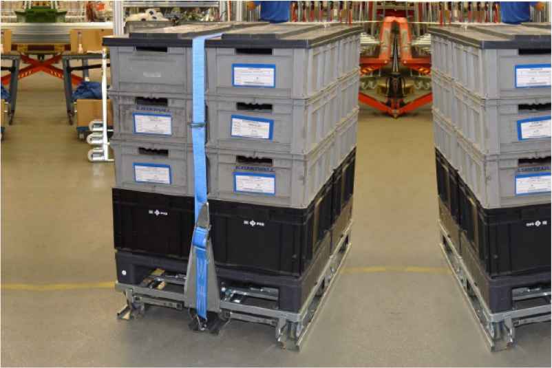 klt boxy na paletovém adaptéru zajištěné páskou ve skladu