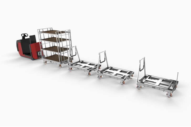 kombinovaná milkrun tažná souprava, kombinace přepravních vozíků k.hartwall, pallet size dolly a shelf wagon