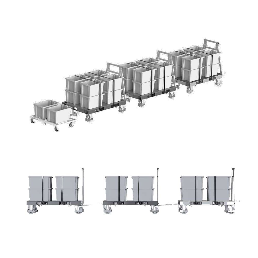 milkrun tažná souprava, plošinový přepravní vozík na palety pallet size dolly od k.hartwall