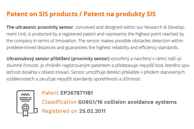 patent na ultrazvukový senzor přiblížení (proximity sensor) značky sis pro detekci objektů a překážek