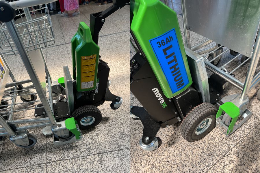 elektricky-tahac-movexx-tt1000-t-cp-uchyceni-zavazadlovych-voziku-letiste-vaclava-havla-praha elektrický tahač movexx tt1000-t-cp pro manipulaci nákupních košíků a zavazadlových vozíků, uchycení zavazadlového vozíku na letišti v. havla v praze